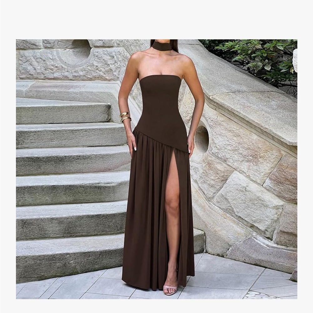 Elegant Brown Strapless Evening Dress- medium